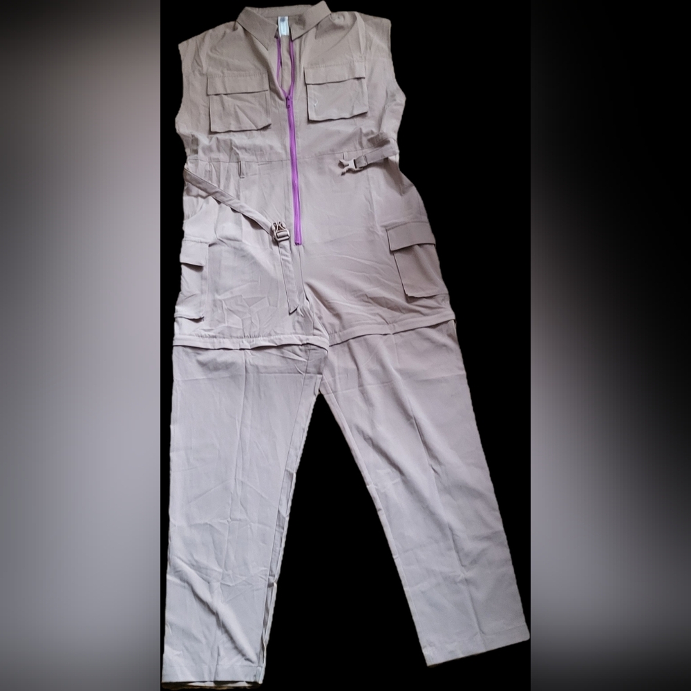 Fabletics Beige Jumpsuit with Purple Accent 2 In 1